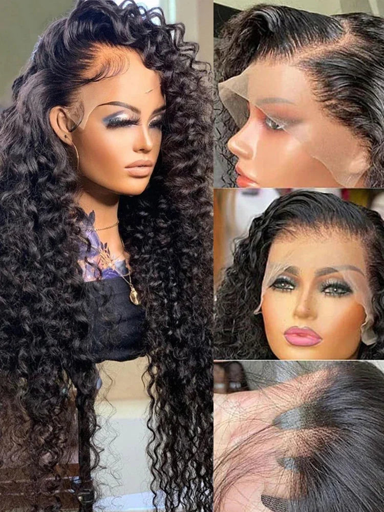 Deep wave lace frontal wig by Spacewallart featuring natural deep wave hair and a seamless lace front for a stylish look.