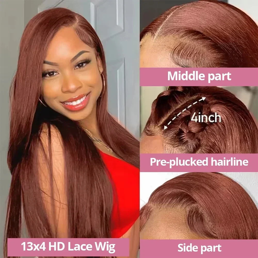 Chocolate brown bone straight human hair wig by Spacewallart, showing sleek, smooth hair with natural shine and straight style.