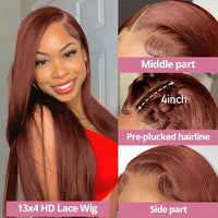 Chocolate brown bone straight human hair wig by Spacewallart, showing sleek, smooth hair with natural shine and straight style.