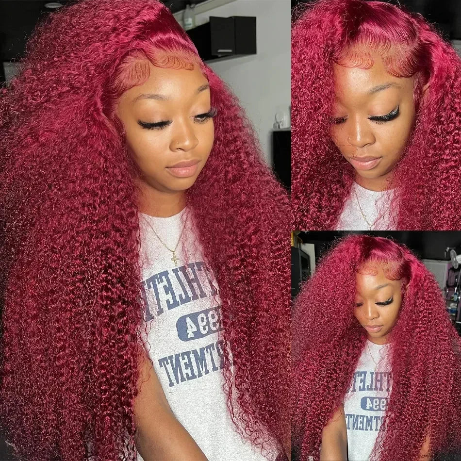 Red curly burgundy hair wig by Spacewallart, showcasing vibrant curly synthetic hair style on a mannequin head.