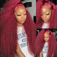 Red curly burgundy hair wig by Spacewallart, showcasing vibrant curly synthetic hair style on a mannequin head.
