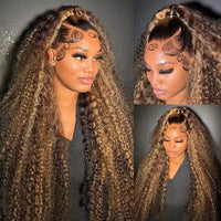 Honey blonde deep curly transparent wig from Spacewallart, showcasing voluminous, glossy curly hair with a natural look.