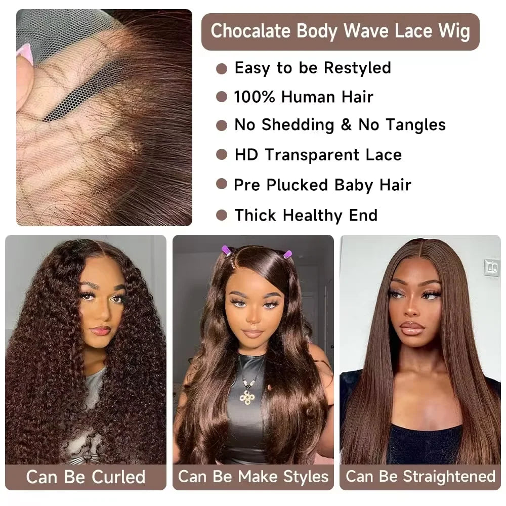 Chocolate brown HD lace front human hair wig by Spacewallart, showcasing natural hair texture and lace detailing.
