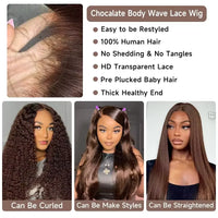 Chocolate brown HD lace front human hair wig by Spacewallart, showcasing natural hair texture and lace detailing.