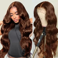 Chocolate brown HD lace front human hair wig by Spacewallart, showcasing smooth, natural-looking hair with a lace front for a seamless finish.