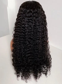 Soft natural black kinky curly lace front wig by Spacewallart, showcasing full wig with curly texture and lace front for styling.