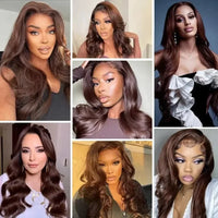 Chocolate brown HD lace front human hair wig by Spacewallart, showcasing realistic lace front and natural hair texture.