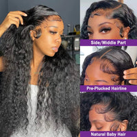 Deep wave frontal wig by Spacewallart featuring natural deep wave hair and a transparent lace frontal for a seamless look.