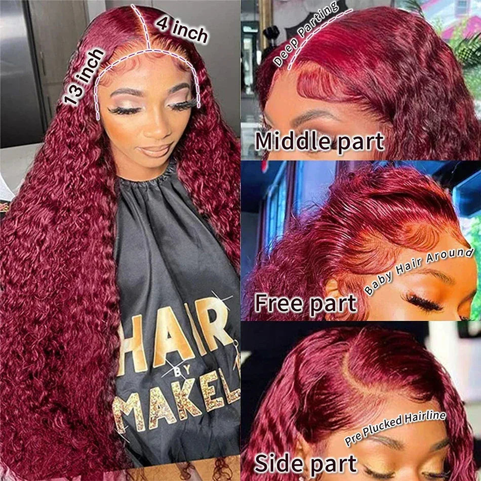 Burgundy deep wave frontal wig by Spacewallart featuring rich color and flowing textured hair for a natural look.