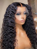 Deep wave lace front human hair wig by Spacewallart featuring curly texture and natural hairline for a stylish, realistic look.