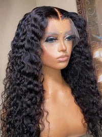 Deep wave lace front human hair wig by Spacewallart featuring curly texture and natural hairline for a stylish, realistic look.