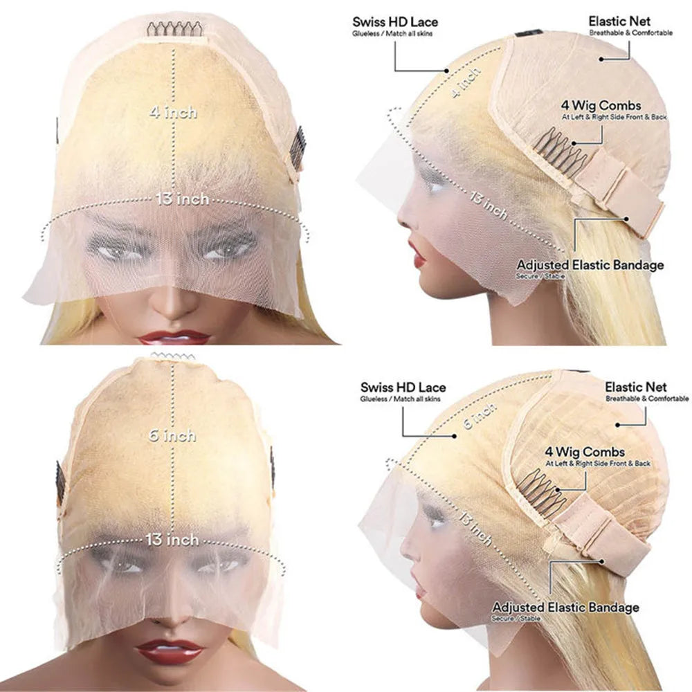 Blonde human hair lace frontal wig by Spacewallart featuring natural waves and a seamless lace front for a realistic look.