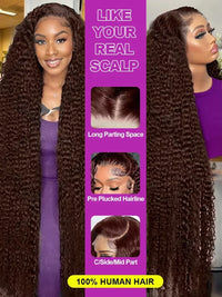 Chocolate brown deep wave lace front curly wig by Spacewallart, showcasing voluminous, well-defined curls and a natural hairline.
