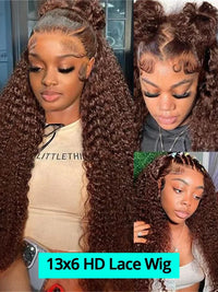 Chocolate brown deep wave human hair wig by Spacewallart, showcasing long, full deep wave texture with natural shine.