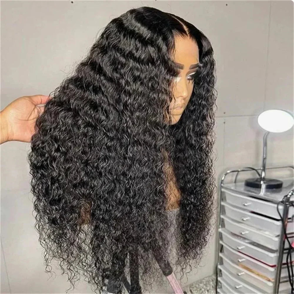 Soft natural black kinky curly lace front wig by Spacewallart, showcasing the textured curly hair and lace front design.