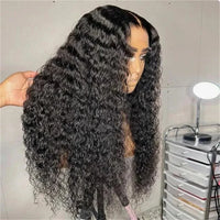 Soft natural black kinky curly lace front wig by Spacewallart, showcasing the textured curly hair and lace front design.