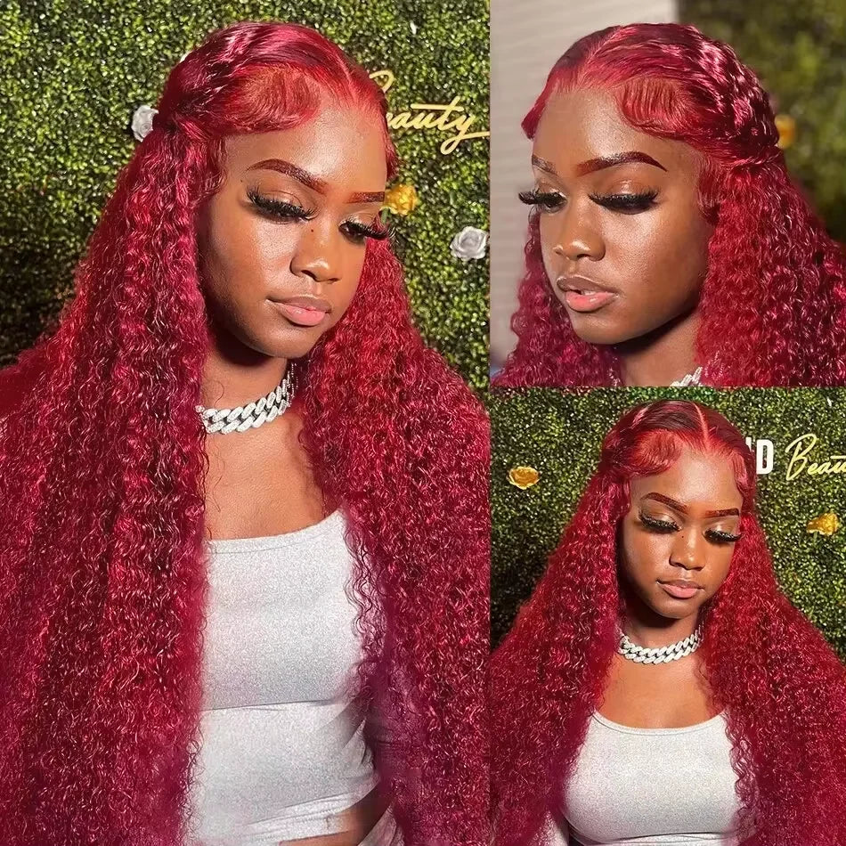 Burgundy deep wave curly wig by Spacewallart showcasing shiny, voluminous hair with defined waves and rich color.