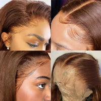 Chocolate brown human hair wig with bone straight style from Spacewallart, showcasing smooth, sleek texture and natural shine.