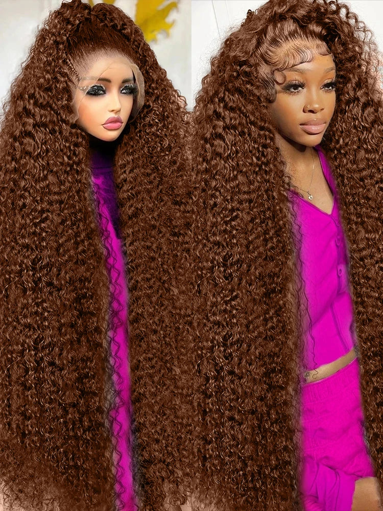 Chocolate brown deep wave lace front curly wig from Spacewallart, showcasing soft, voluminous curls and a natural hairline.