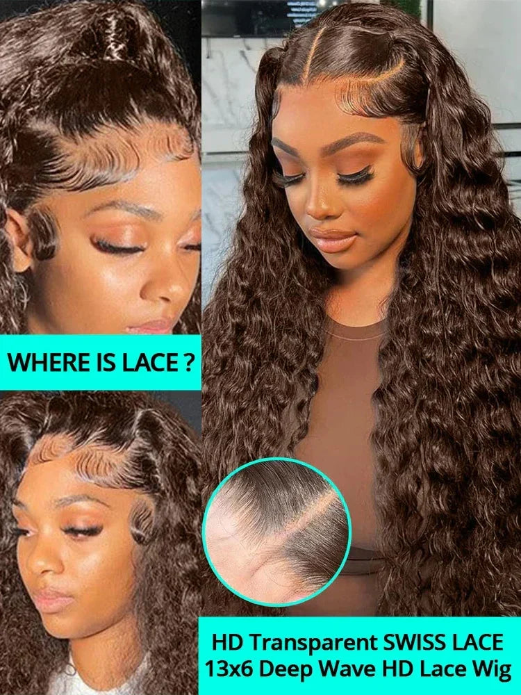 Chocolate brown deep wave human hair wig with natural-looking curls, displayed on a mannequin head.