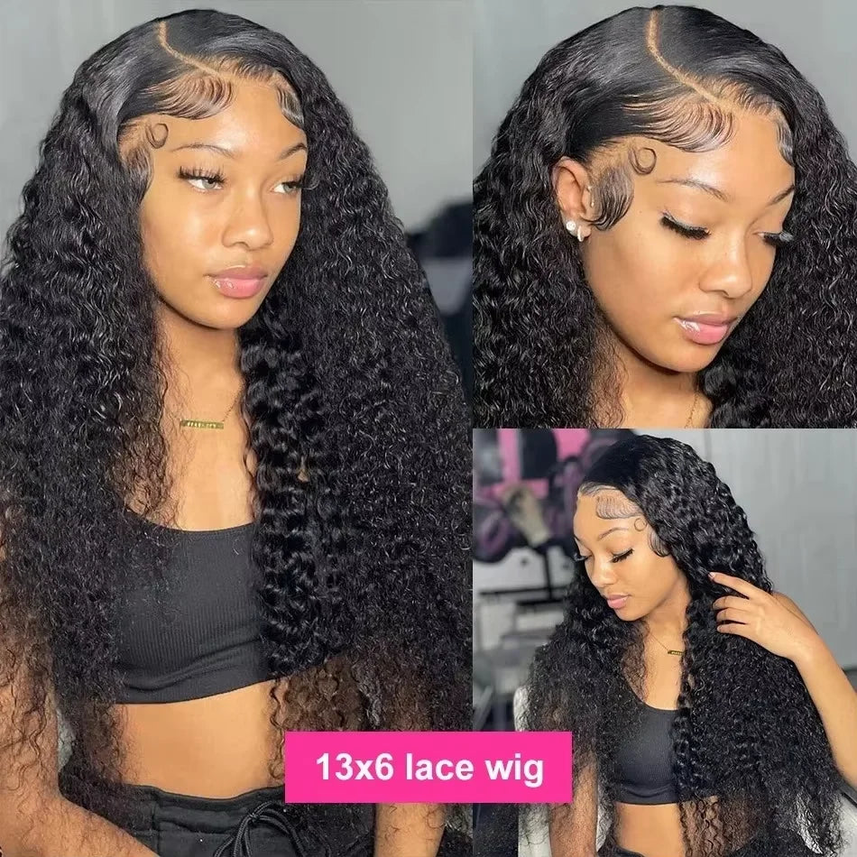 Transparent lace front human hair deep curly wig by Spacewallart, showcasing the textured, deep curly hairstyle and lace detailing.