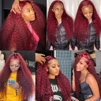 Burgundy curly frontal wig by Spacewallart showcasing lush curly hair with a natural hairline and vibrant burgundy color.
