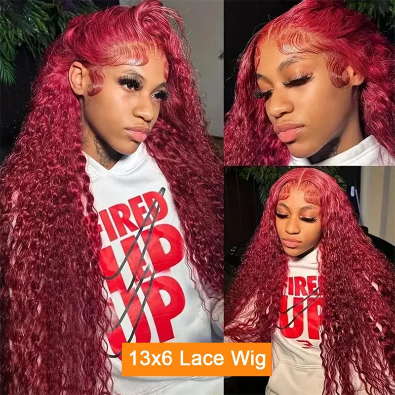 Burgundy lace frontal human hair curly wig by Spacewallart showcasing vibrant color and voluminous curly texture.