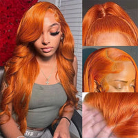Orange ginger body wave HD transparent human hair wig by Spacewallart showcasing the vibrant color and natural wave texture.