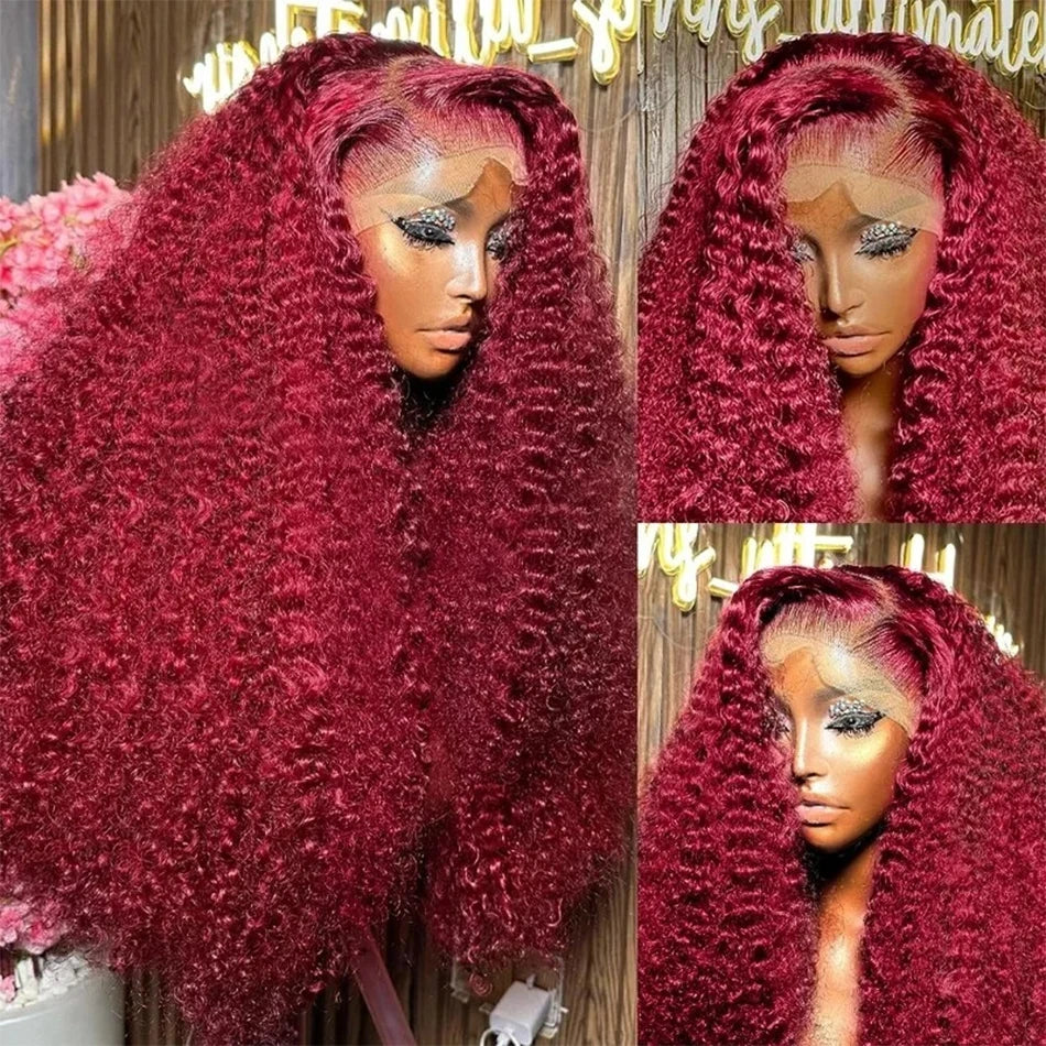 Red curly burgundy wig by Spacewallart, showing vibrant, voluminous curly hair styled for a bold, fashionable look.