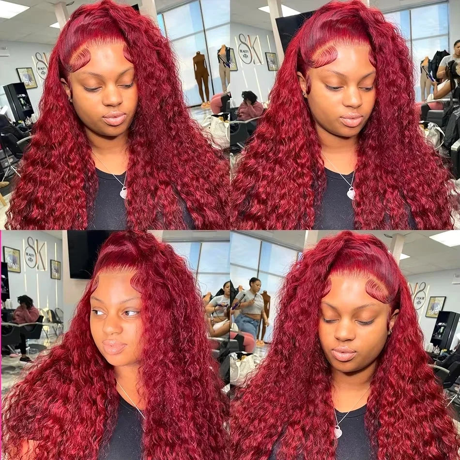 Burgundy deep wave curly wig by Spacewallart showcasing voluminous, wavy hair with rich color and textured curls.