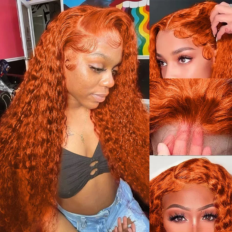 Orange ginger lace front curly wig by Spacewallart, showcasing vibrant color and voluminous curly hair style.