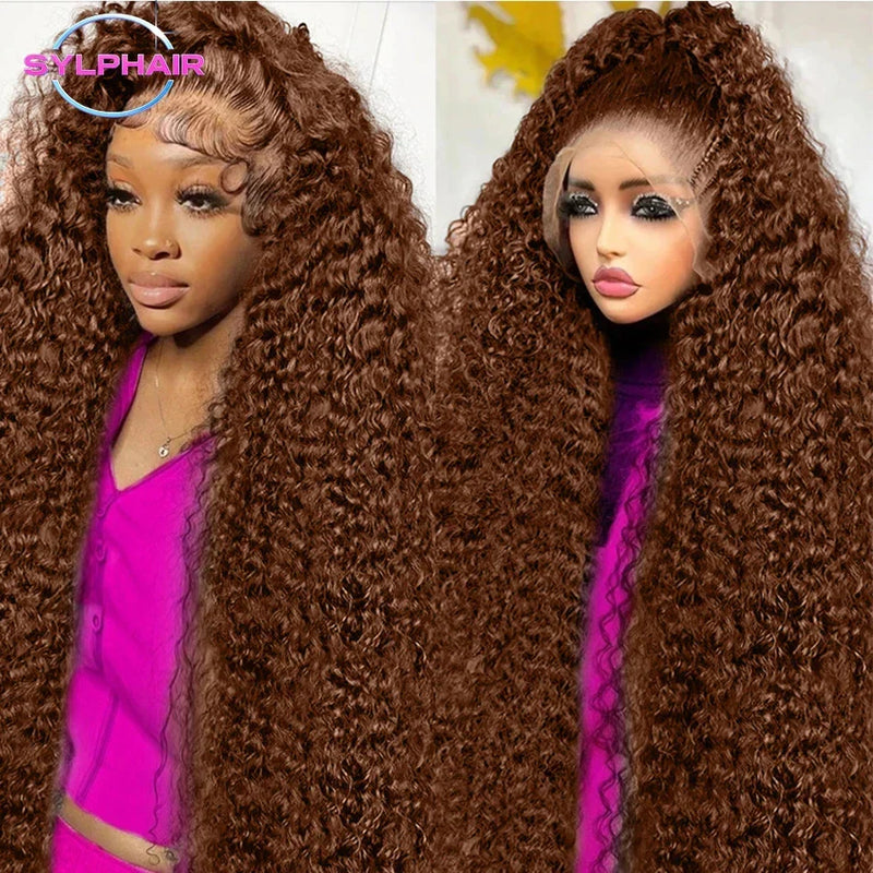 Chocolate brown HD lace frontal human hair wig by Spacewallart, showcasing realistic lace and natural straight hair style.