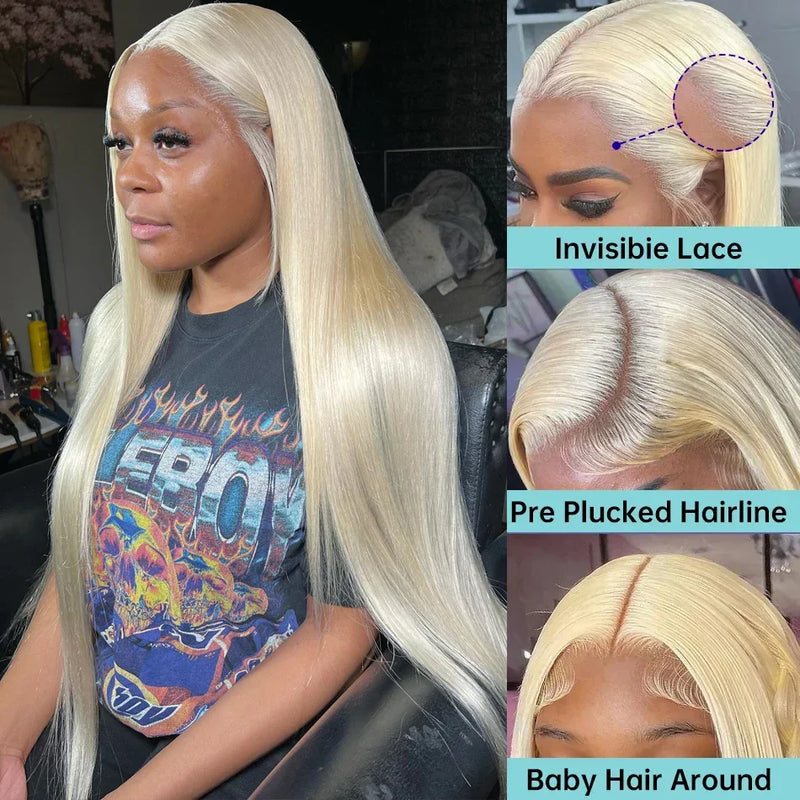 Blonde lace front human hair wig by Spacewallart, showcasing realistic hairline and soft, flowing blonde hair on a mannequin head.