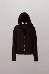 Nostalgia Hooded Cardigan by Spacewallart, cozy coffee-colored knit sweater with hood, front pockets, and casual fit.