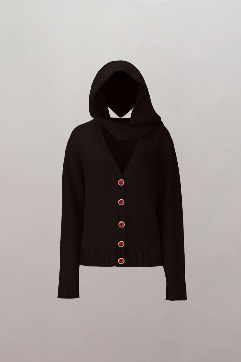 Nostalgia Hooded Cardigan by Spacewallart, cozy coffee-colored knit sweater with hood, front pockets, and casual fit.