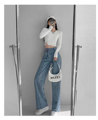 Spacewallart irregular breasted high waist jeans, stylish denim apparel with unique design and high-rise fit, shown on a model.