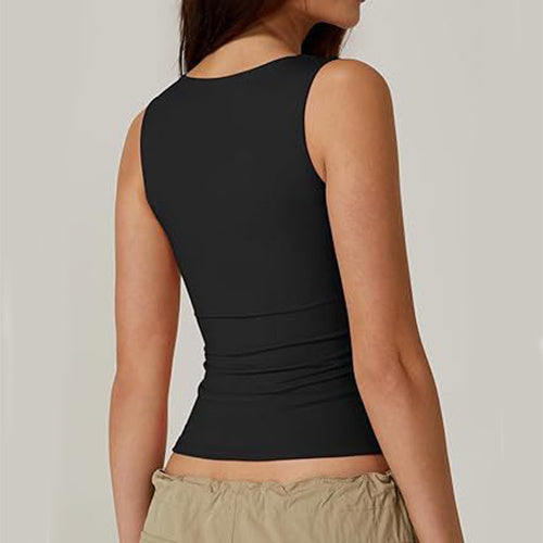 Solid beige summer square-neck tank top by Spacewallart, sleeveless sleeveless apparel with a stylish square neckline.