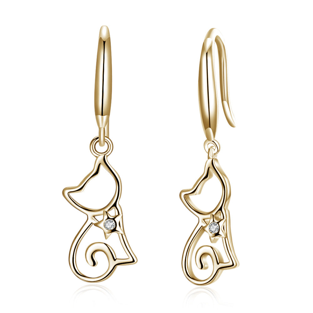 Sterling silver cat zircon earrings with intricate detailing, perfect for stylish accessories and animal-themed jewelry.