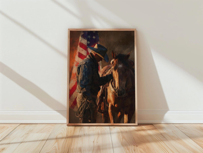 Rustic cowboy horse wall art featuring American flag print, western-themed decor by spacewallart, suitable for farmhouse or country interiors.