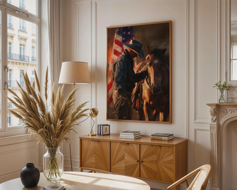 Rustic cowboy horse wall art with American flag print, western-themed decor by spacewallart showcasing detailed design on canvas.