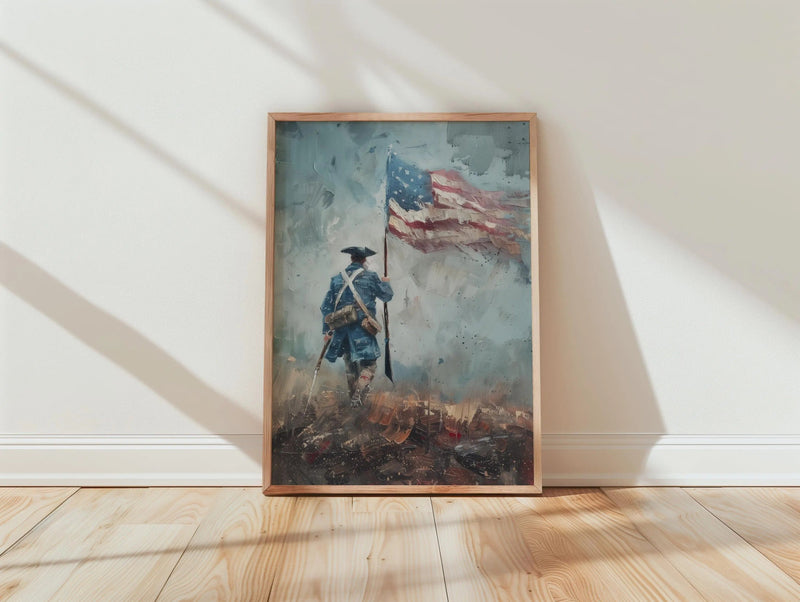 Revolutionary War soldier print featuring impressionist American flag art by SpaceWallArt, showcasing patriotic historical imagery.