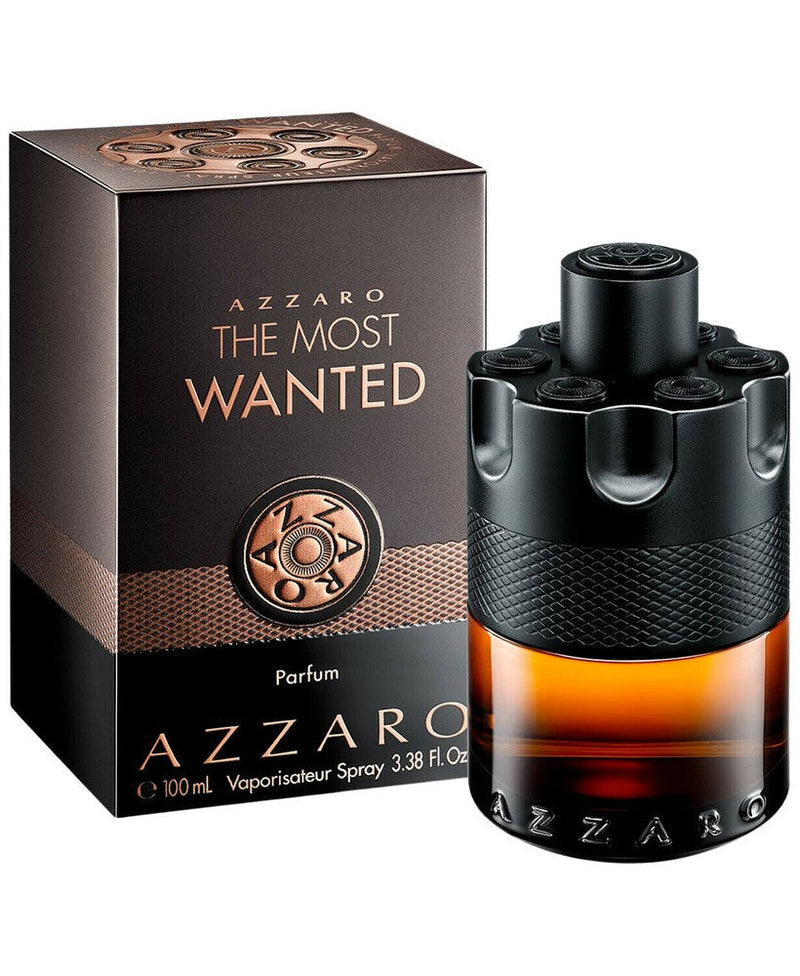 Azzaro The Most Wanted men's parfum spray in 3.38 oz bottle, featuring sleek packaging and elegant design.