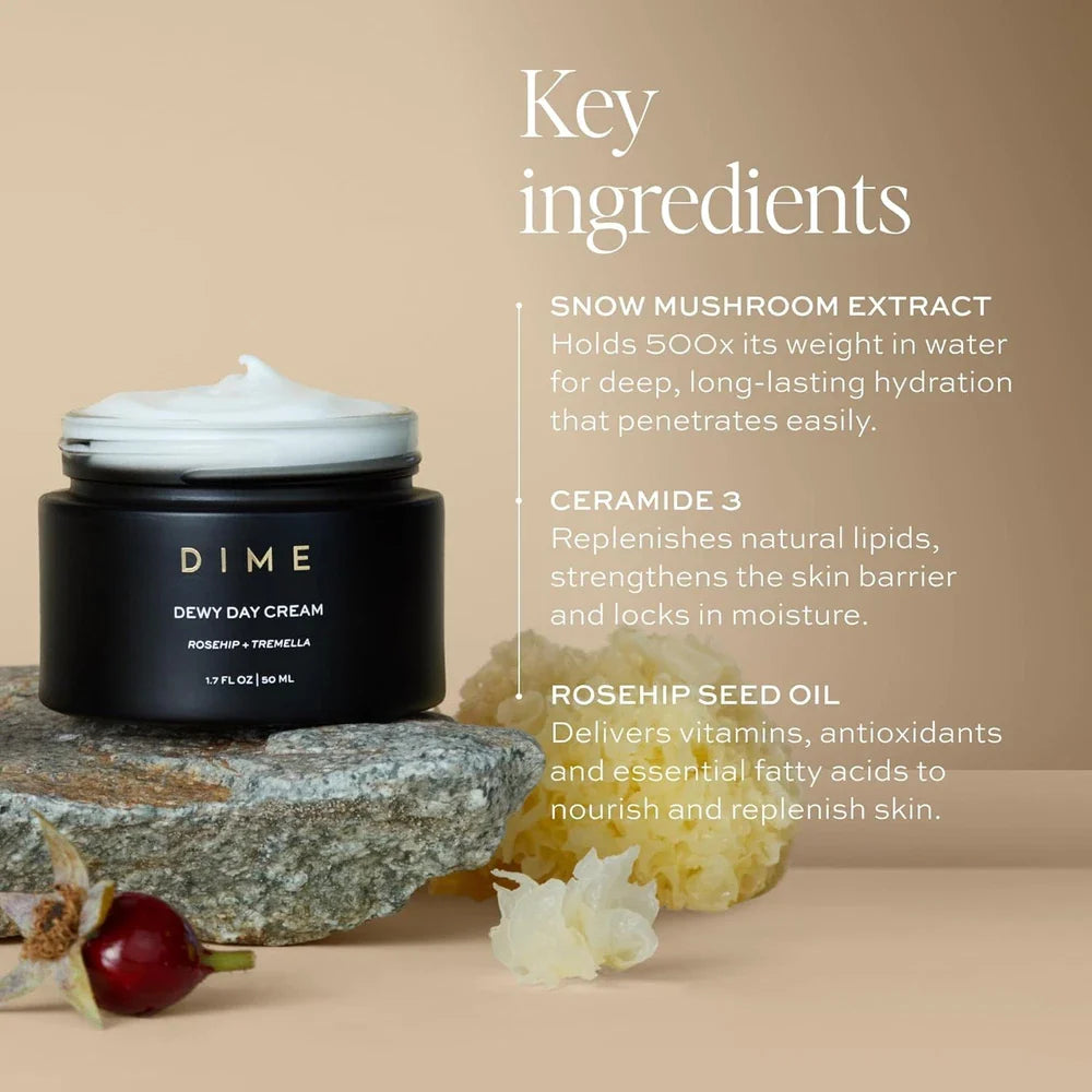 DIME Beauty Dewy Day Cream with rosehip oil and snow mushroom, a 1.7 oz morning face moisturizer in a jar.