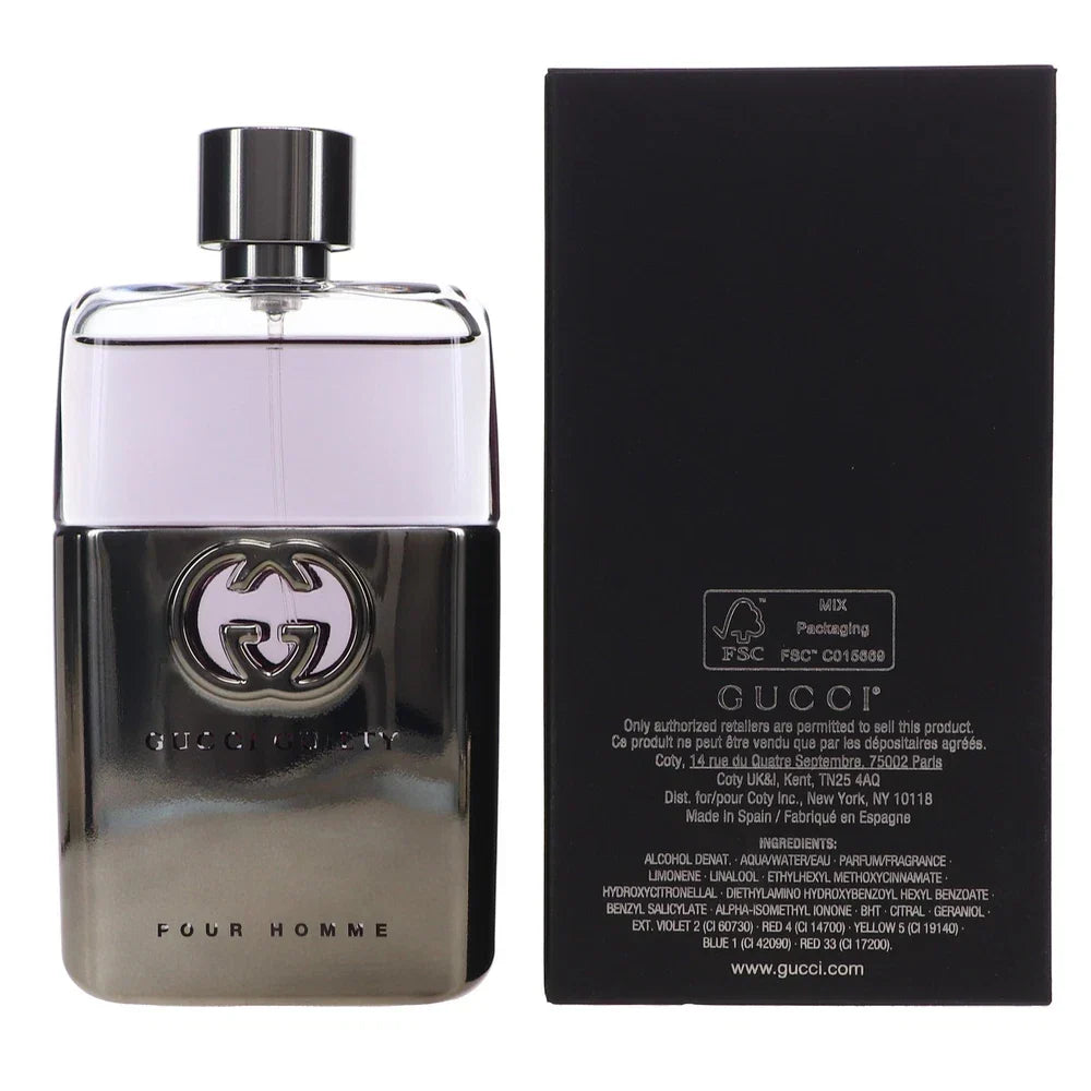Gucci Guilty Pour Homme Eau de Toilette for men in 3 oz bottle, featuring sleek packaging and classic scent profile.