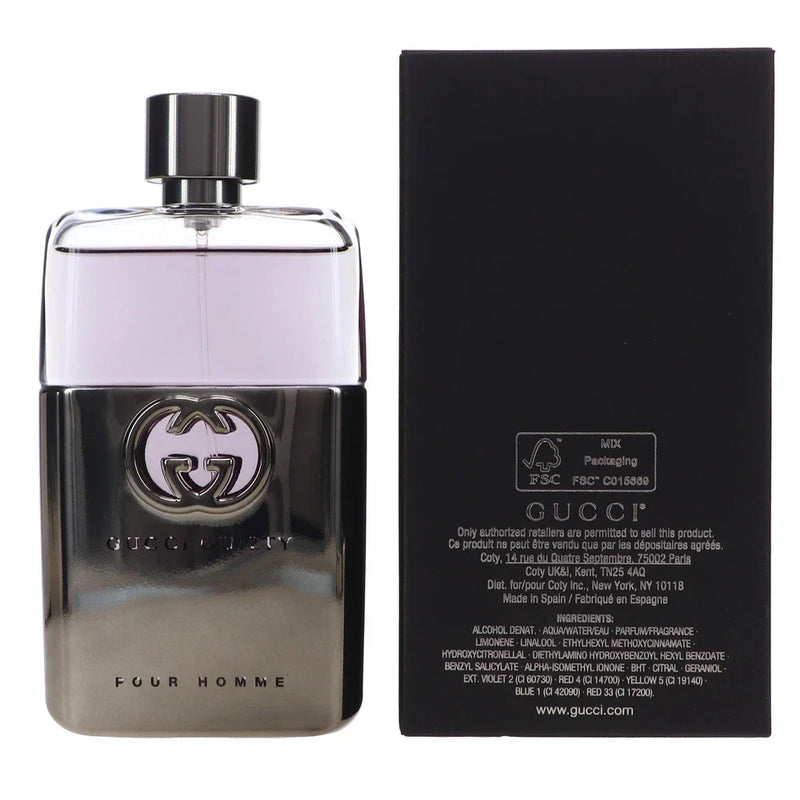 Gucci Guilty Pour Homme Eau de Toilette for men in 3 oz bottle, featuring sleek packaging and classic scent profile.