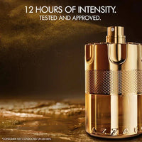 Azzaro Forever Wanted Elixir Eau de Parfum for Men in a sleek 3.4 oz bottle with black and gold accents, displayed on a reflective surface.