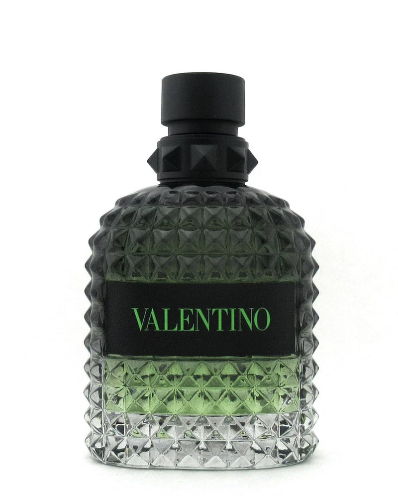 Valentino Uomo Born In Roma Green Stravaganza Eau de Toilette for men in 3.4 oz bottle, with sleek green design and fragrance spray nozzle.
