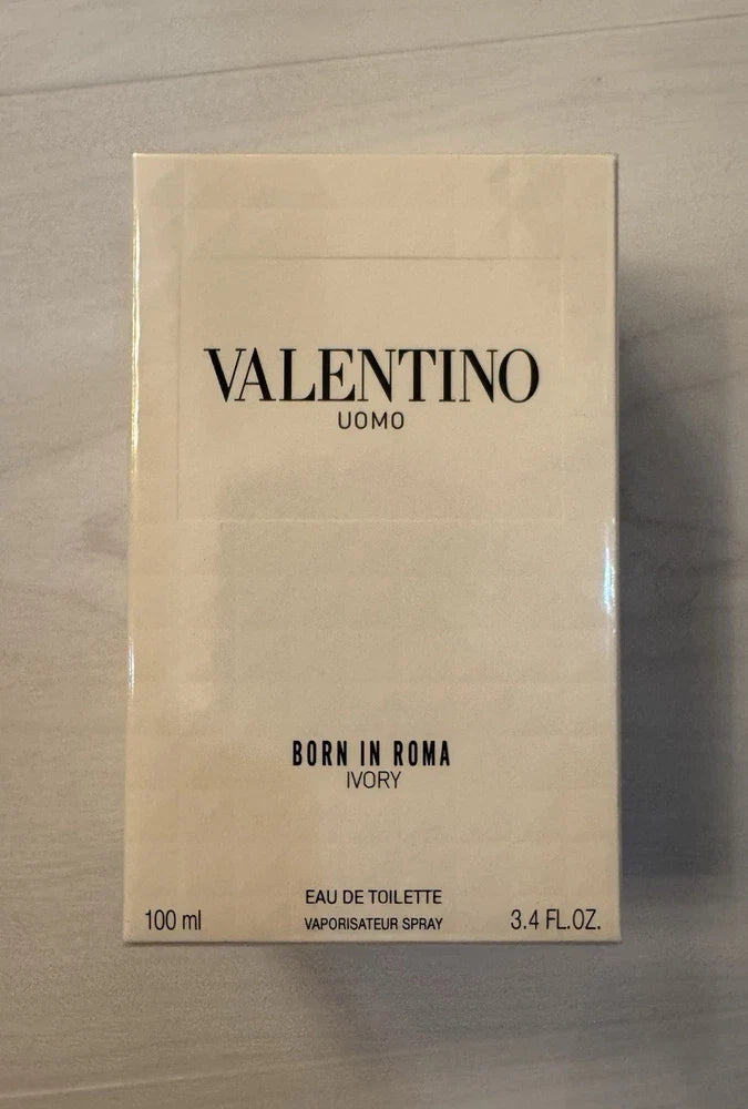 Valentino Uomo Born In Roma Ivory Eau de Toilette for Men in 3.4 oz bottle, sealed, with elegant packaging and minimalist design.