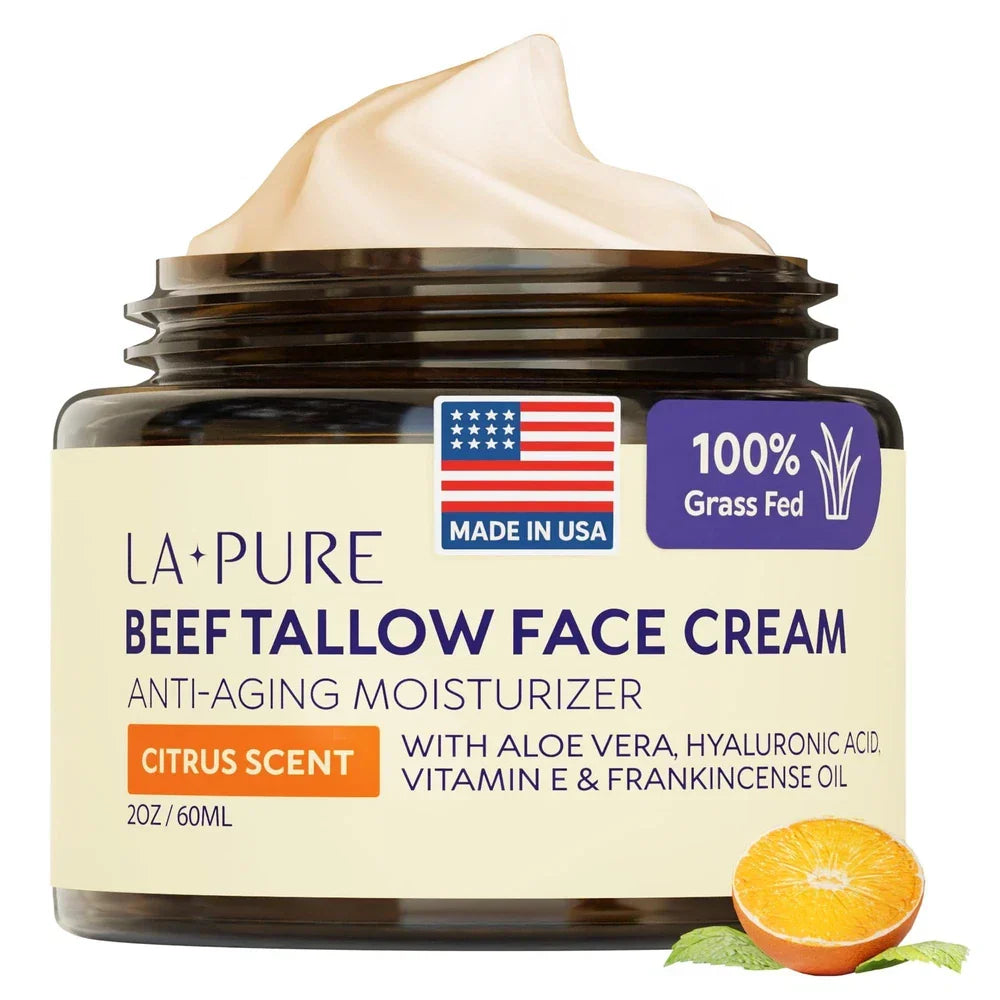 Spacewallart LA PURE Beef Tallow Face Cream with aloe vera and hyaluronic acid, 4 oz, for deep hydration and skin nourishment.