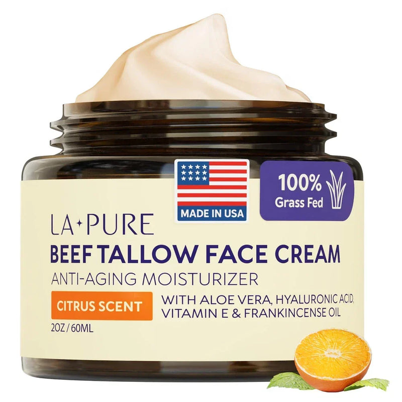 Spacewallart LA PURE Beef Tallow Face Cream with aloe vera and hyaluronic acid, 4 oz, for deep hydration and skin nourishment.